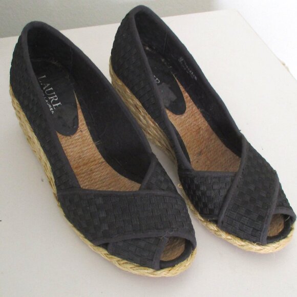Lauren Ralph Lauren Womens Black Peep Espadrille w/2" Jute Wedge Heel - 6M - Picture 2 of 8